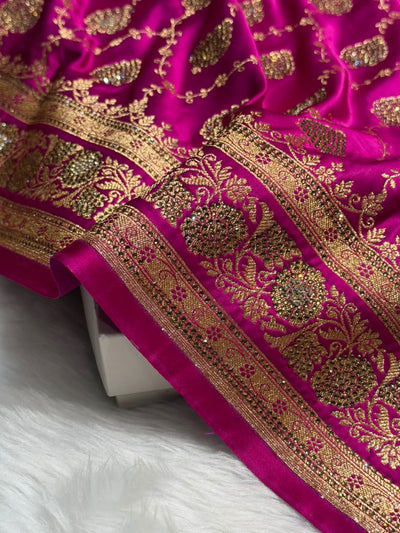 Rani Pink Floral Jaal Pattern Satin Katan Silk saree BSK42