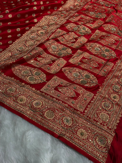 Banarasi Satin Katan Saree With Swarovski & Zardozi Work Boota Pattern in Red Shades BSK160
