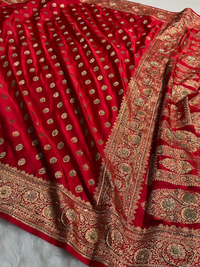 Banarasi Satin Katan Saree With Swarovski & Zardozi Work Boota Pattern in Red Shades BSK160