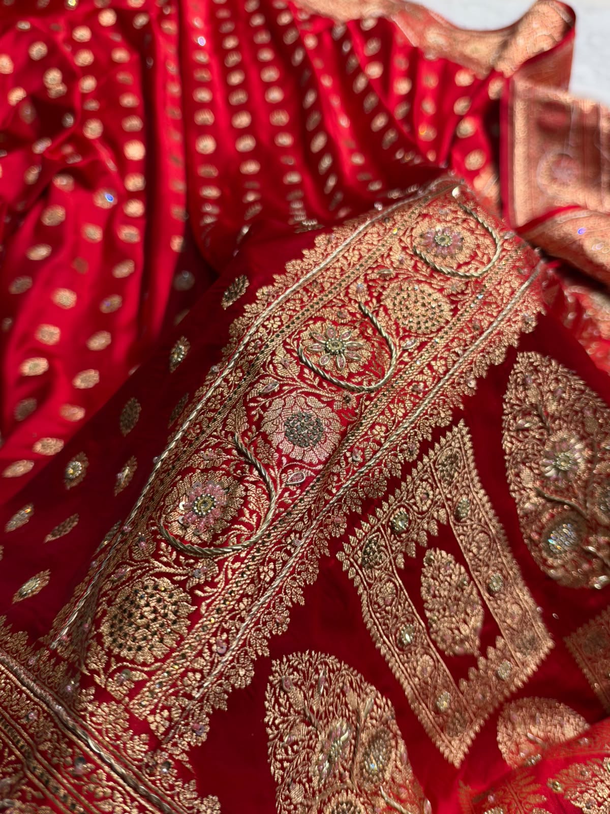 Banarasi Satin Katan Saree With Swarovski & Zardozi Work Boota Pattern in Red Shades BSK160