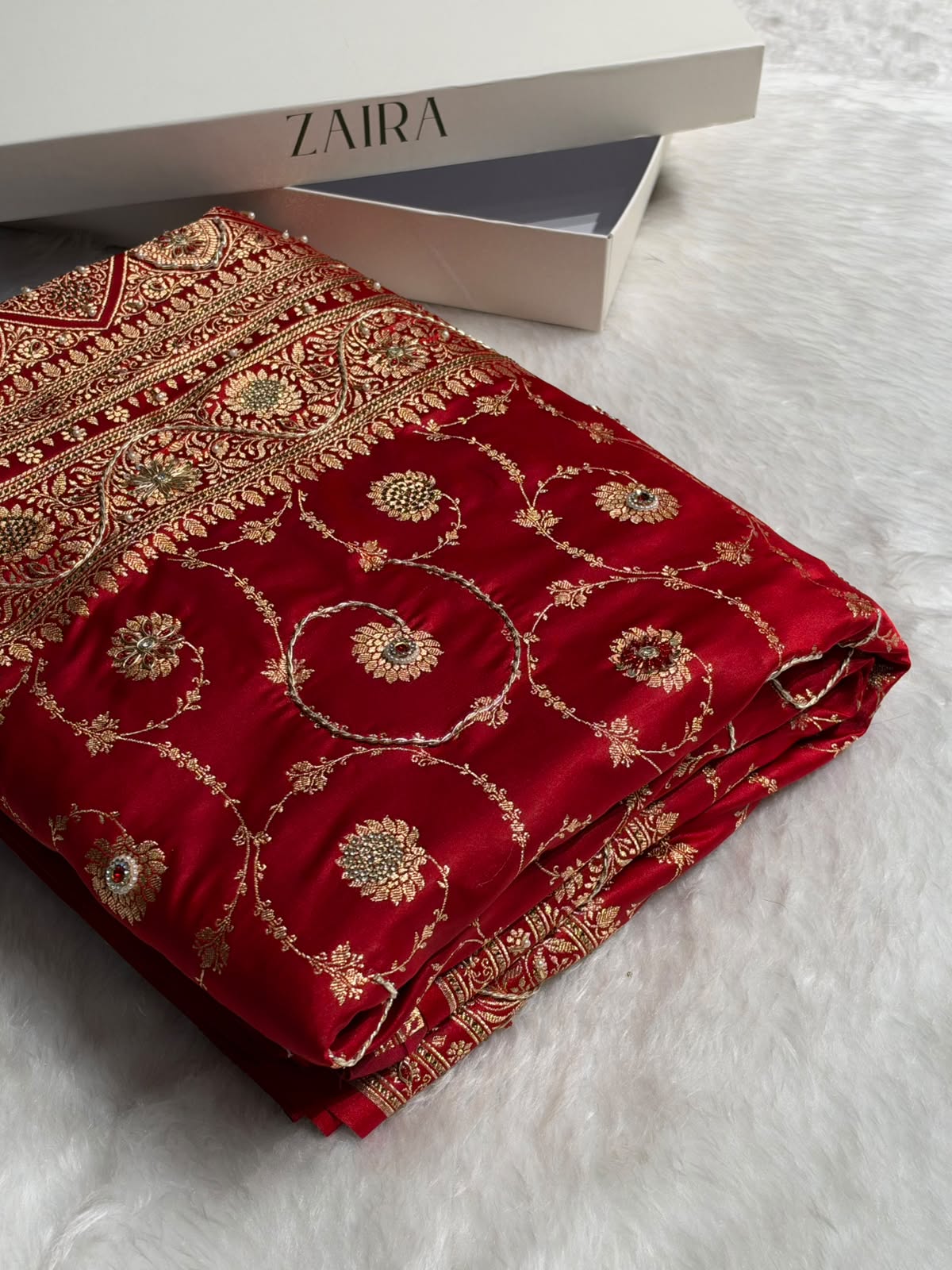 Banarasi Satin Katan Saree With Swarovski & Zardozi Work Boota Pattern in Bridal Red Shades BSK161