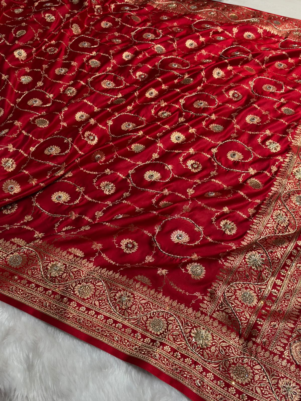 Banarasi Satin Katan Saree With Swarovski & Zardozi Work Boota Pattern in Bridal Red Shades BSK161