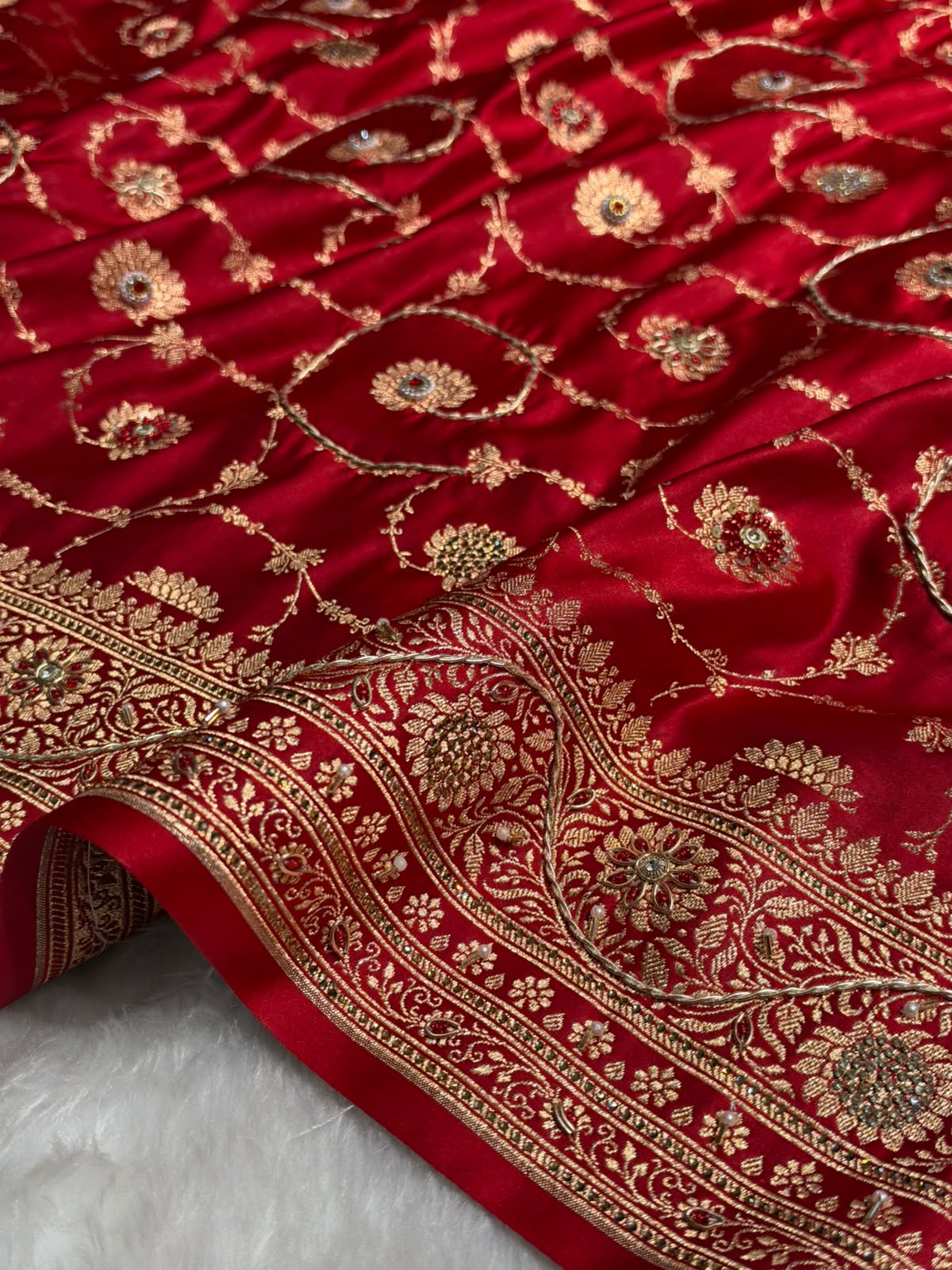 Banarasi Satin Katan Saree With Swarovski & Zardozi Work Boota Pattern in Bridal Red Shades BSK161