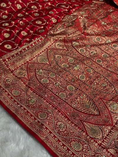 Banarasi Satin Katan Saree With Swarovski & Zardozi Work Boota Pattern in Bridal Red Shades BSK161