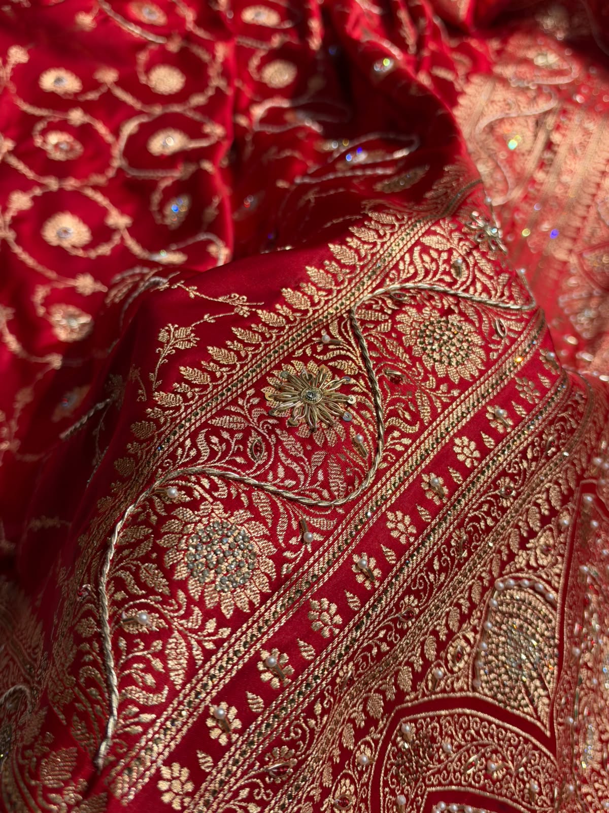 Banarasi Satin Katan Saree With Swarovski & Zardozi Work Boota Pattern in Bridal Red Shades BSK161