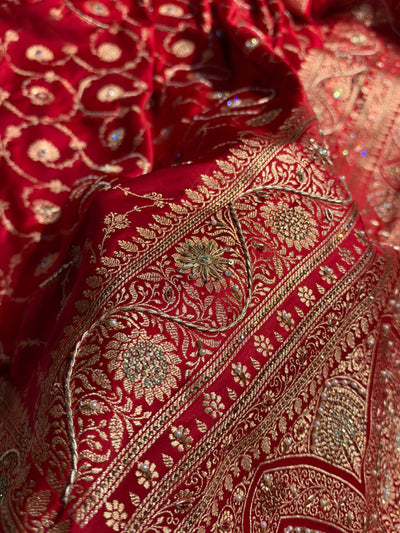 Banarasi Satin Katan Saree With Swarovski & Zardozi Work Boota Pattern in Bridal Red Shades BSK161