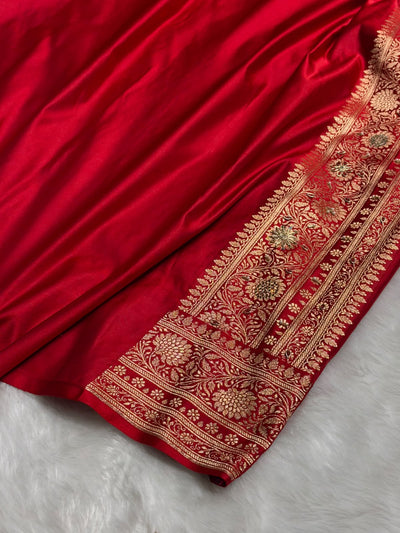 Banarasi Satin Katan Saree With Swarovski & Zardozi Work Boota Pattern in Bridal Red Shades BSK161