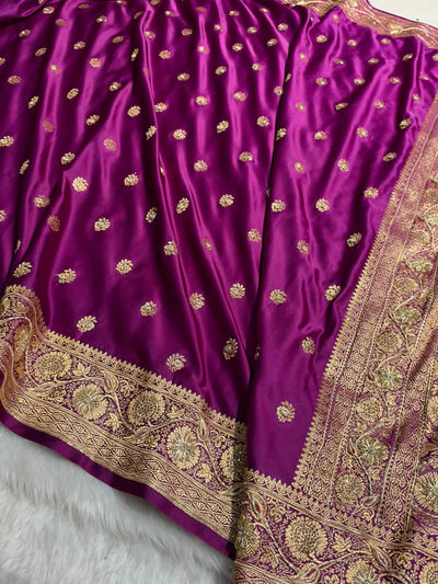 Banarasi Magenta Pink Work Pattern Satin Katan Silk Saree BSK72