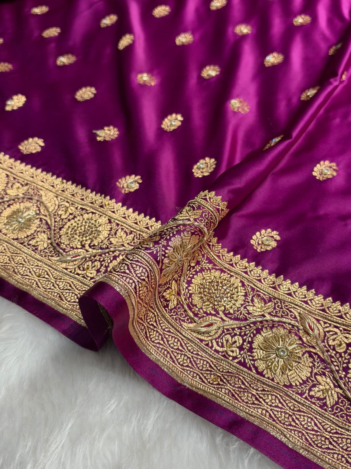 Banarasi Magenta Pink Work Pattern Satin Katan Silk Saree BSK72