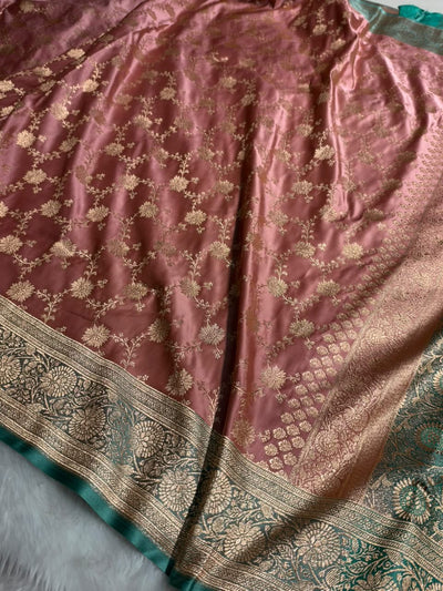 Banarasi Satin Katan Saree in Contrast Peach - SeaGreen Shades SK132