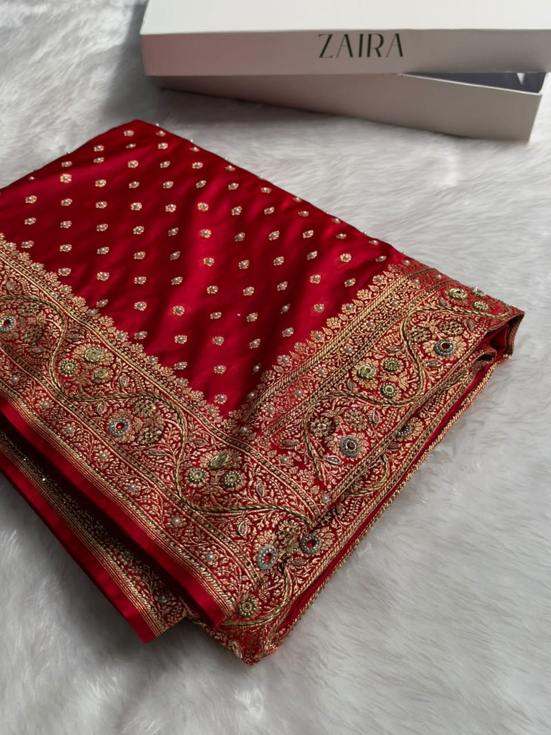 Banarasi Satin Katan Saree With Swarovski & Zardozi Work Boota Pattern in Bridal Red Shades BSK162