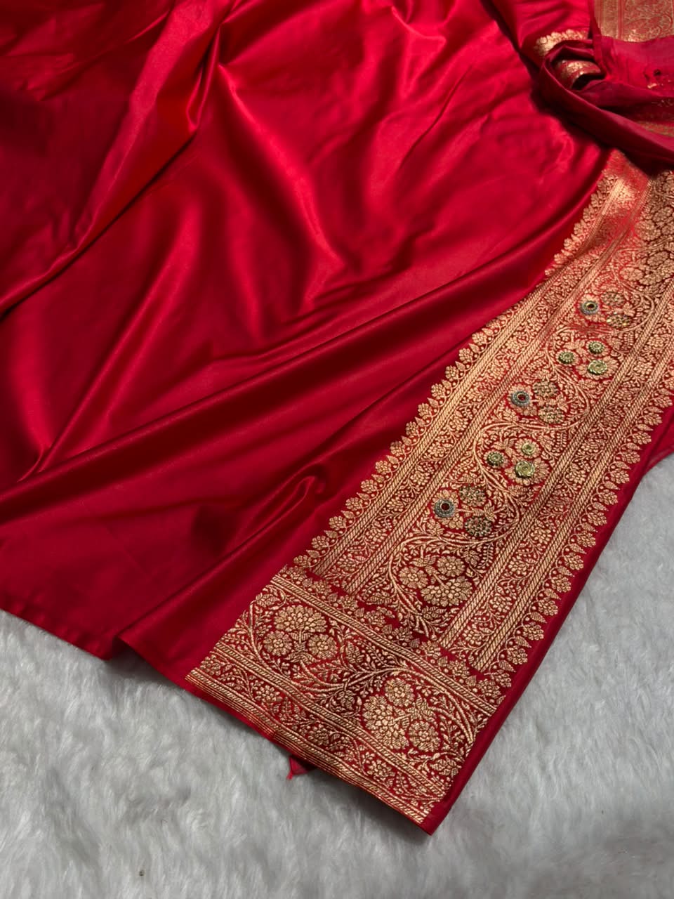 Banarasi Satin Katan Saree With Swarovski & Zardozi Work Boota Pattern in Bridal Red Shades BSK162