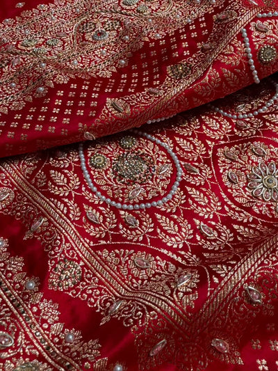 Banarasi Satin Katan Saree With Swarovski & Zardozi Work Boota Pattern in Bridal Red Shades BSK162