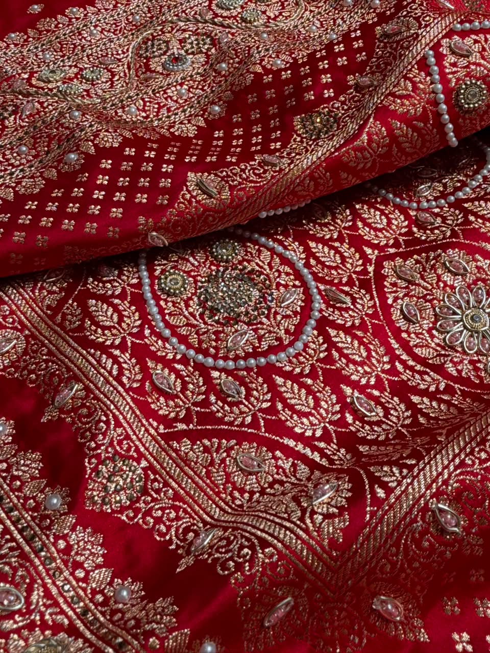 Banarasi Satin Katan Saree With Swarovski & Zardozi Work Boota Pattern in Bridal Red Shades BSK162