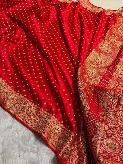 Banarasi Satin Katan Saree With Swarovski & Zardozi Work Boota Pattern in Bridal Red Shades BSK162