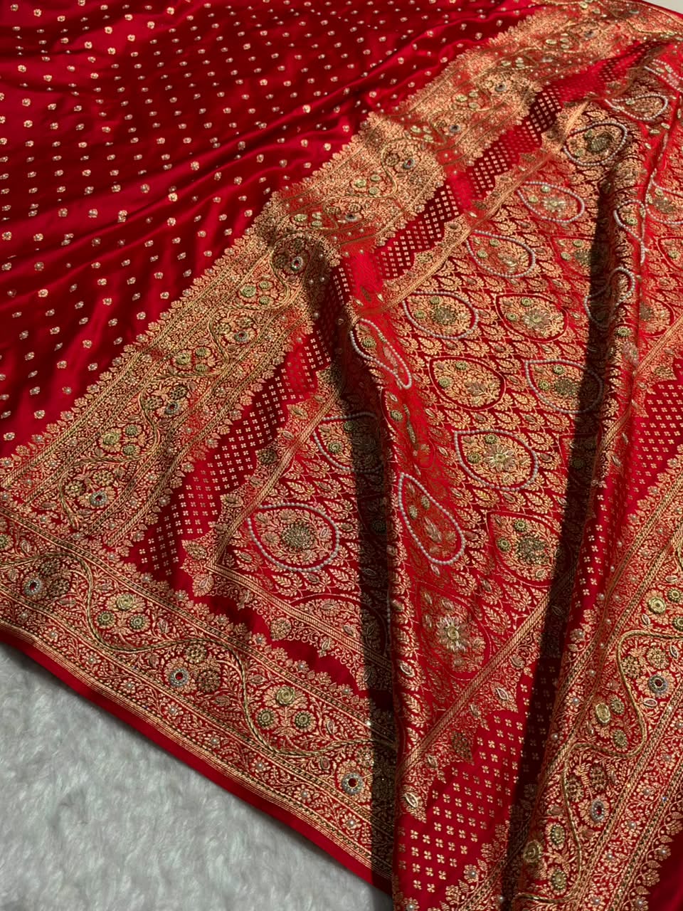 Banarasi Satin Katan Saree With Swarovski & Zardozi Work Boota Pattern in Bridal Red Shades BSK162