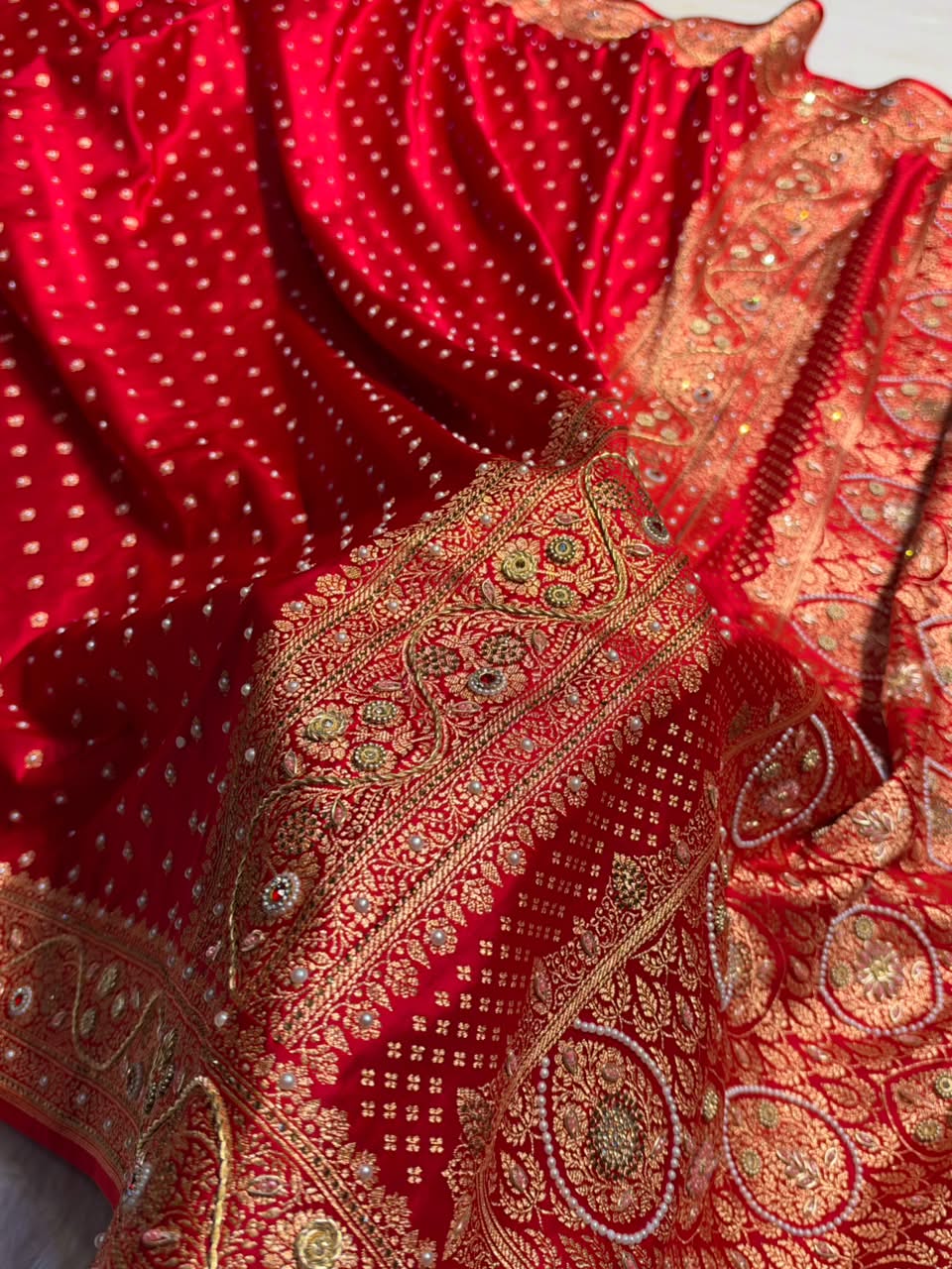 Banarasi Satin Katan Saree With Swarovski & Zardozi Work Boota Pattern in Bridal Red Shades BSK162