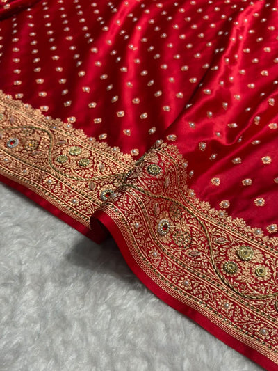 Banarasi Satin Katan Saree With Swarovski & Zardozi Work Boota Pattern in Bridal Red Shades BSK162