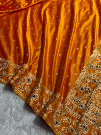 Yellow Floral Pattern With Aari Zardozi Moti Work Satin Katan Silk Saree BSK77