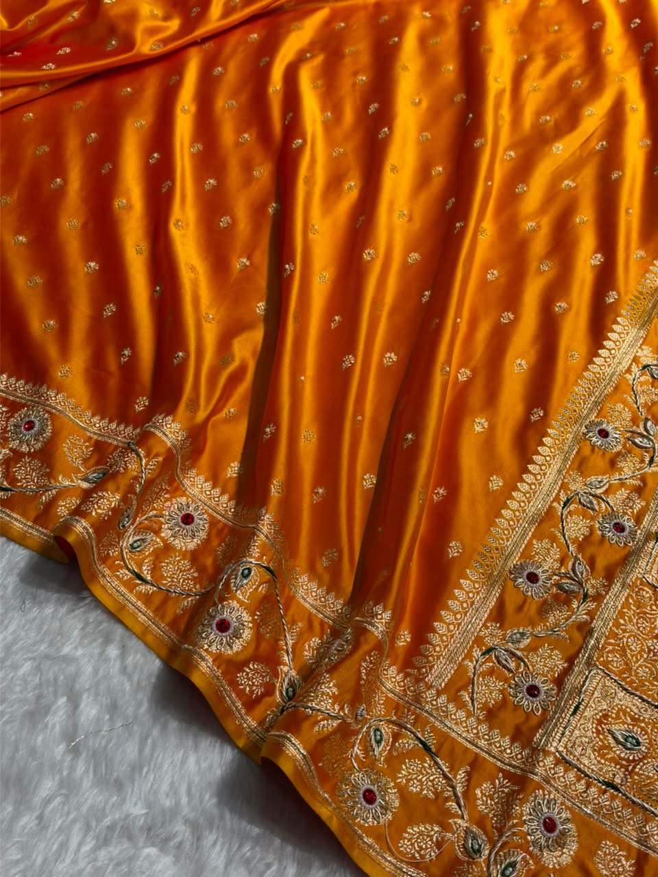 Yellow Floral Pattern With Aari Zardozi Moti Work Satin Katan Silk Saree BSK77