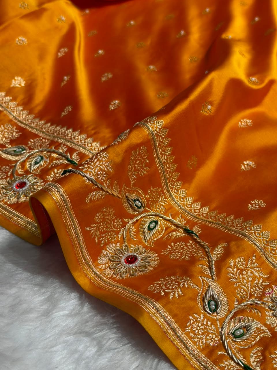 Yellow Floral Pattern With Aari Zardozi Moti Work Satin Katan Silk Saree BSK77