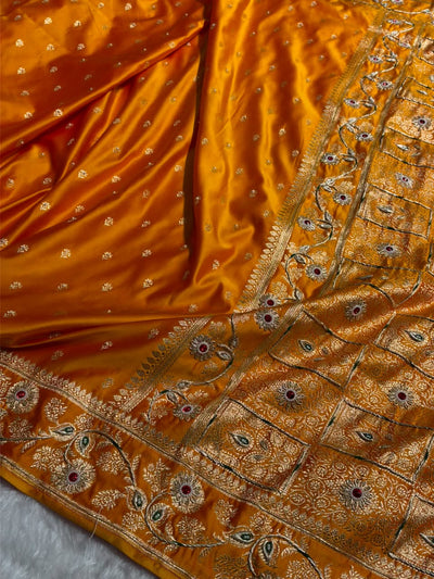 Yellow Floral Pattern With Aari Zardozi Moti Work Satin Katan Silk Saree BSK77
