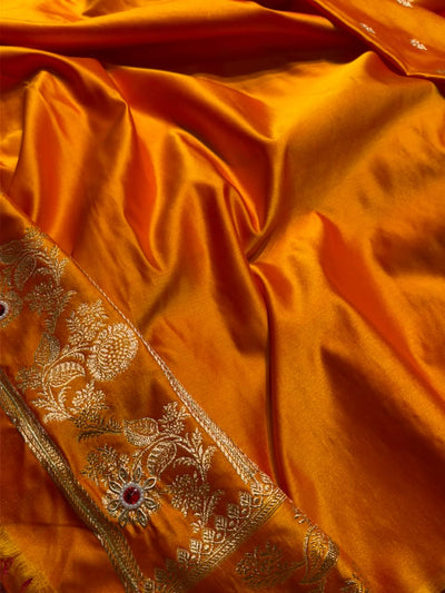 Yellow Floral Pattern With Aari Zardozi Moti Work Satin Katan Silk Saree BSK77
