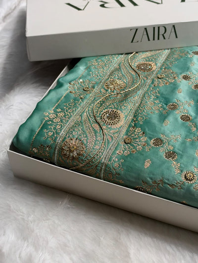 Sea Green Contrast Banarasi Satin Katan Saree With  Zardozi or Swarovski Work jaal Pattern in Sea Green Shades BSK133