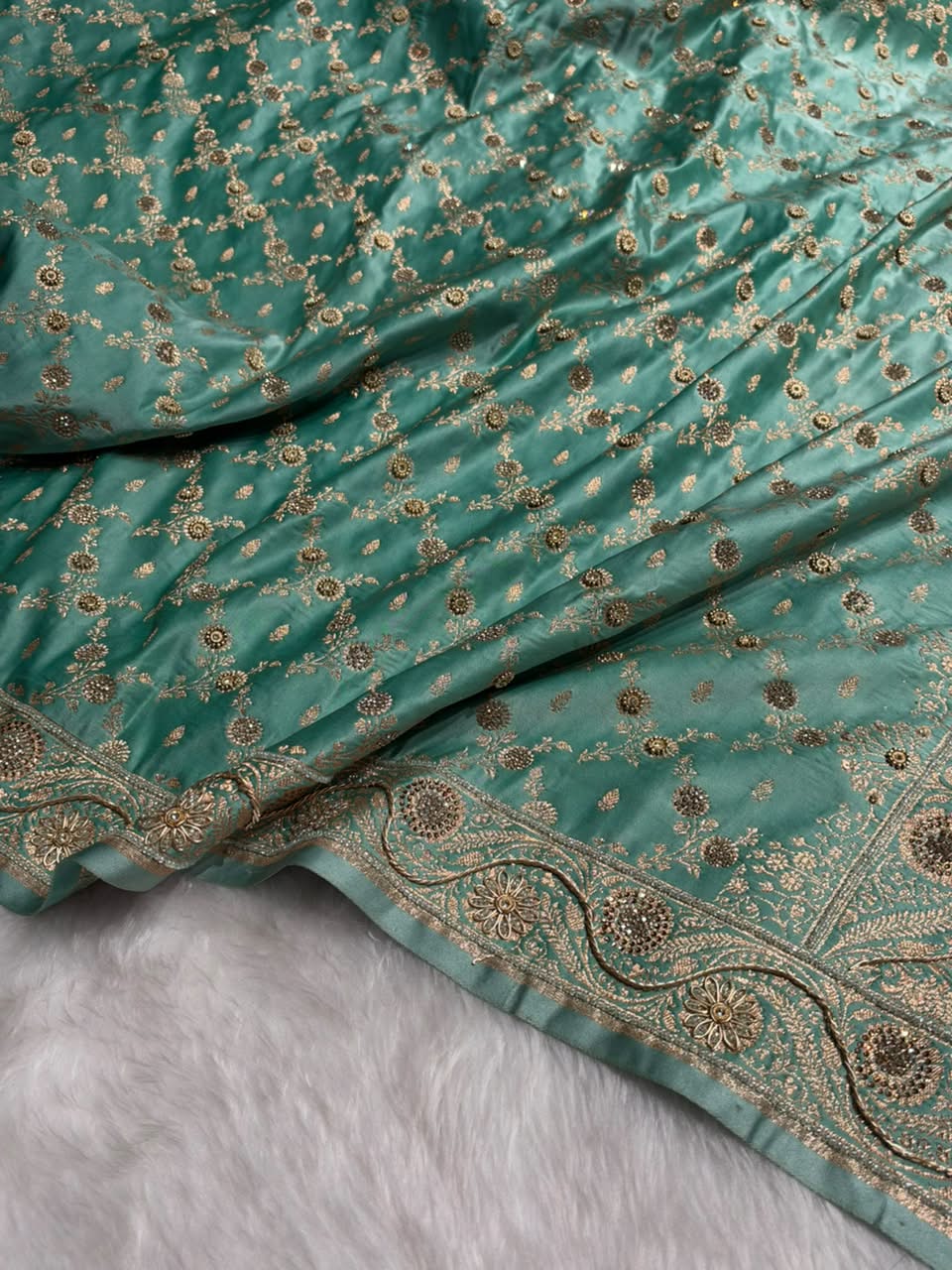 Sea Green Contrast Banarasi Satin Katan Saree With  Zardozi or Swarovski Work jaal Pattern in Sea Green Shades BSK133