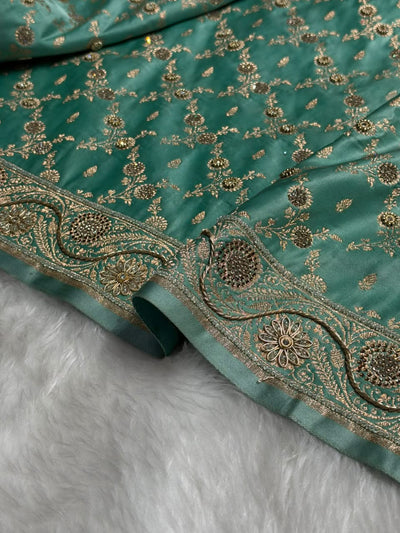 Sea Green Contrast Banarasi Satin Katan Saree With  Zardozi or Swarovski Work jaal Pattern in Sea Green Shades BSK133