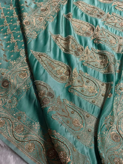 Sea Green Contrast Banarasi Satin Katan Saree With  Zardozi or Swarovski Work jaal Pattern in Sea Green Shades BSK133