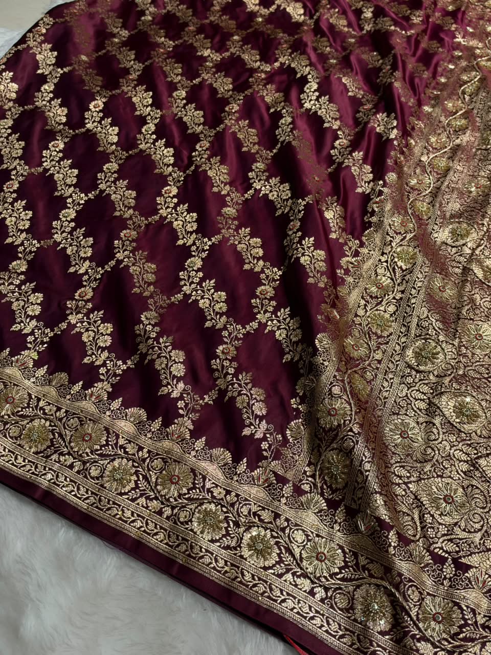Deep Wine Floral Jaal Pattern Satin Katan Silk Saree BSK43