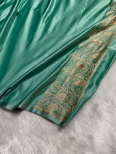 Sea Green Contrast Banarasi Satin Katan Saree With  Zardozi or Swarovski Work jaal Pattern in Sea Green Shades BSK133