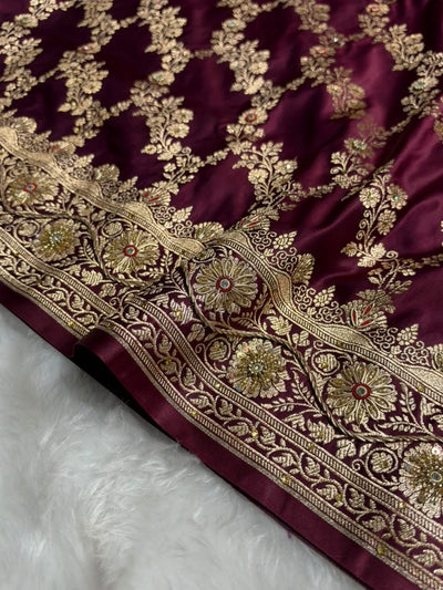 Deep Wine Floral Jaal Pattern Satin Katan Silk Saree BSK43