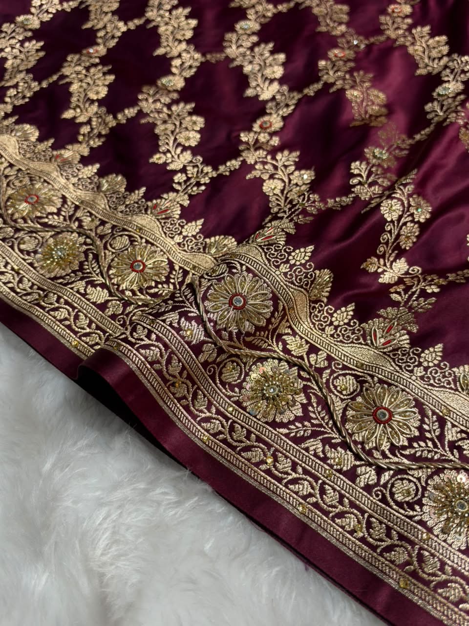 Deep Wine Floral Jaal Pattern Satin Katan Silk Saree BSK43