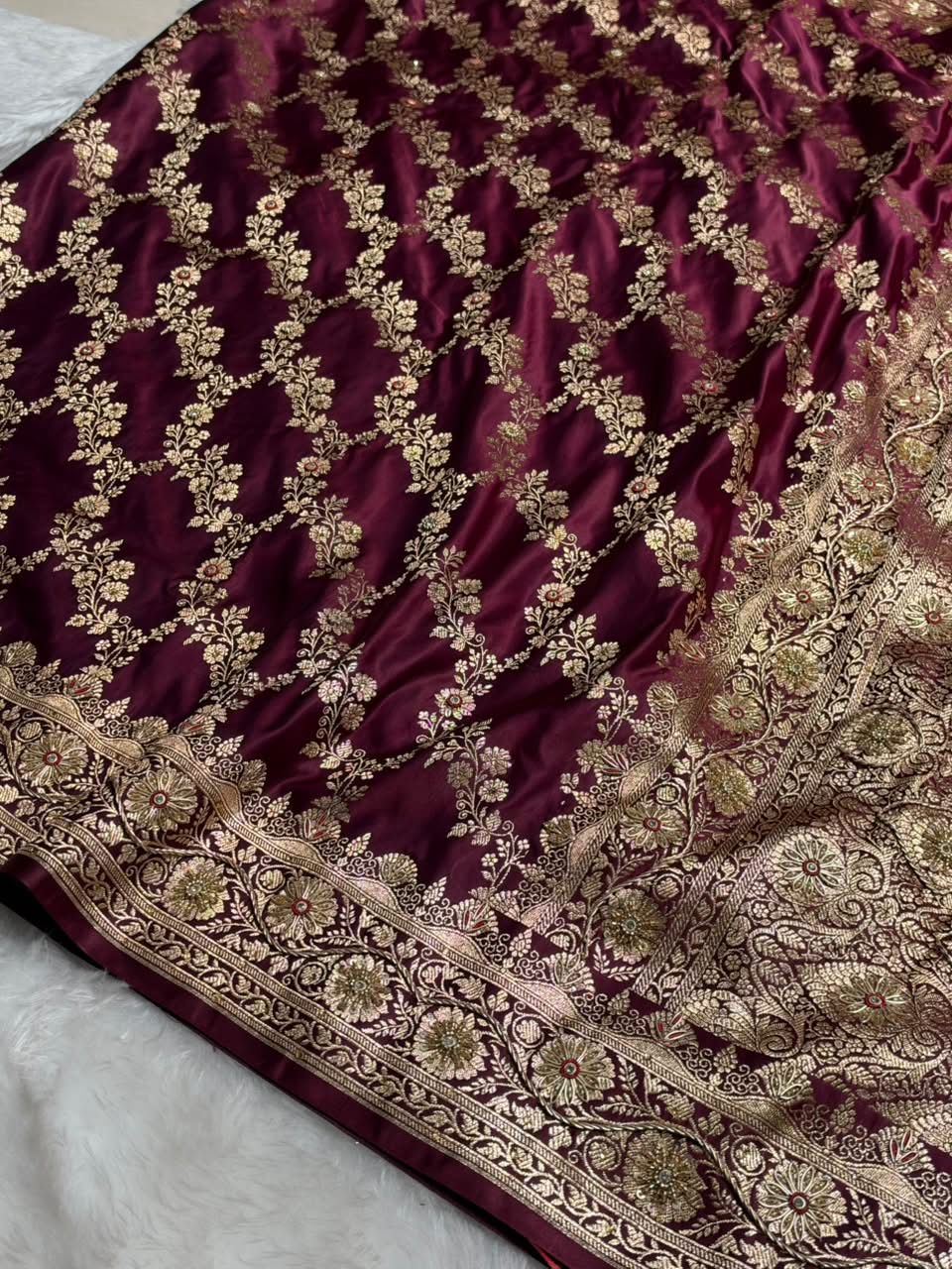 Deep Wine Floral Jaal Pattern Satin Katan Silk Saree BSK43