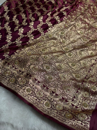 Deep Wine Floral Jaal Pattern Satin Katan Silk Saree BSK43
