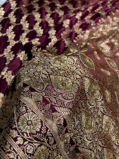Deep Wine Floral Jaal Pattern Satin Katan Silk Saree BSK43