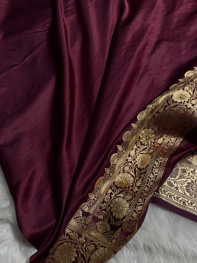 Deep Wine Floral Jaal Pattern Satin Katan Silk Saree BSK43