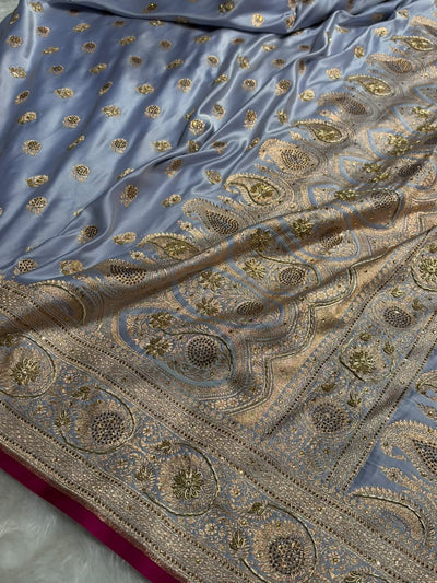 Banarasi Satin Katan Saree With Aari Zardozi Work Boota in Powder Blue Shades BSK12