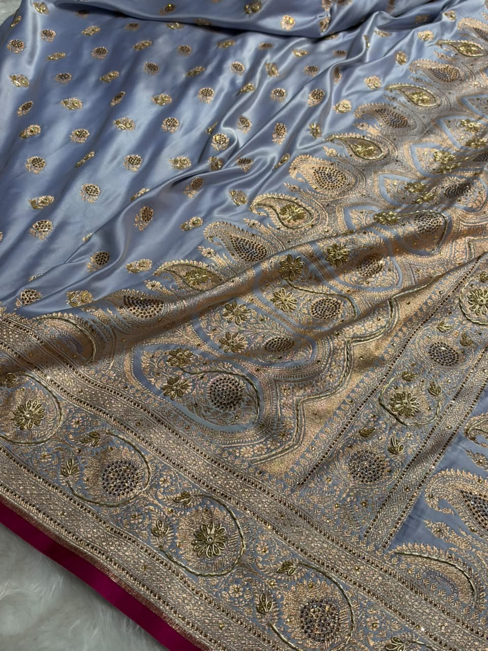 Banarasi Satin Katan Saree With Aari Zardozi Work Boota in Powder Blue Shades BSK12
