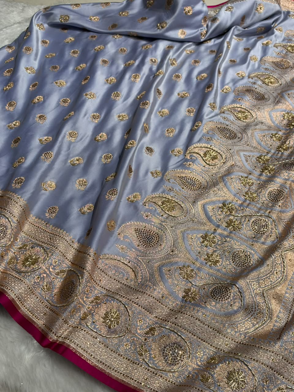 Banarasi Satin Katan Saree With Aari Zardozi Work Boota in Powder Blue Shades BSK12