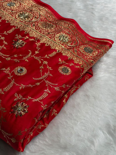 Banarasi Satin Katan Saree With Swarovski & Zardozi Work Jaal Pattern in Red Shades BSK159