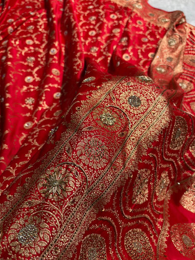 Banarasi Satin Katan Saree With Swarovski & Zardozi Work Jaal Pattern in Red Shades BSK159