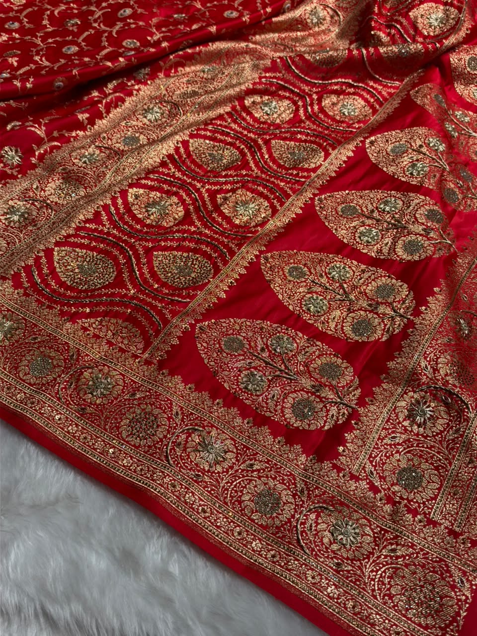 Banarasi Satin Katan Saree With Swarovski & Zardozi Work Jaal Pattern in Red Shades BSK159