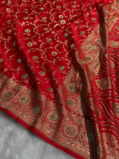 Banarasi Satin Katan Saree With Swarovski & Zardozi Work Jaal Pattern in Red Shades BSK159