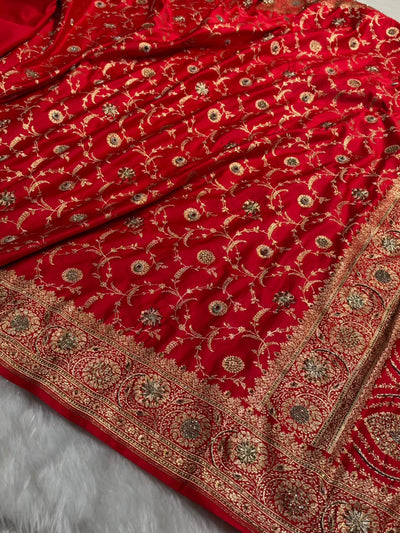 Banarasi Satin Katan Saree With Swarovski & Zardozi Work Jaal Pattern in Red Shades BSK159