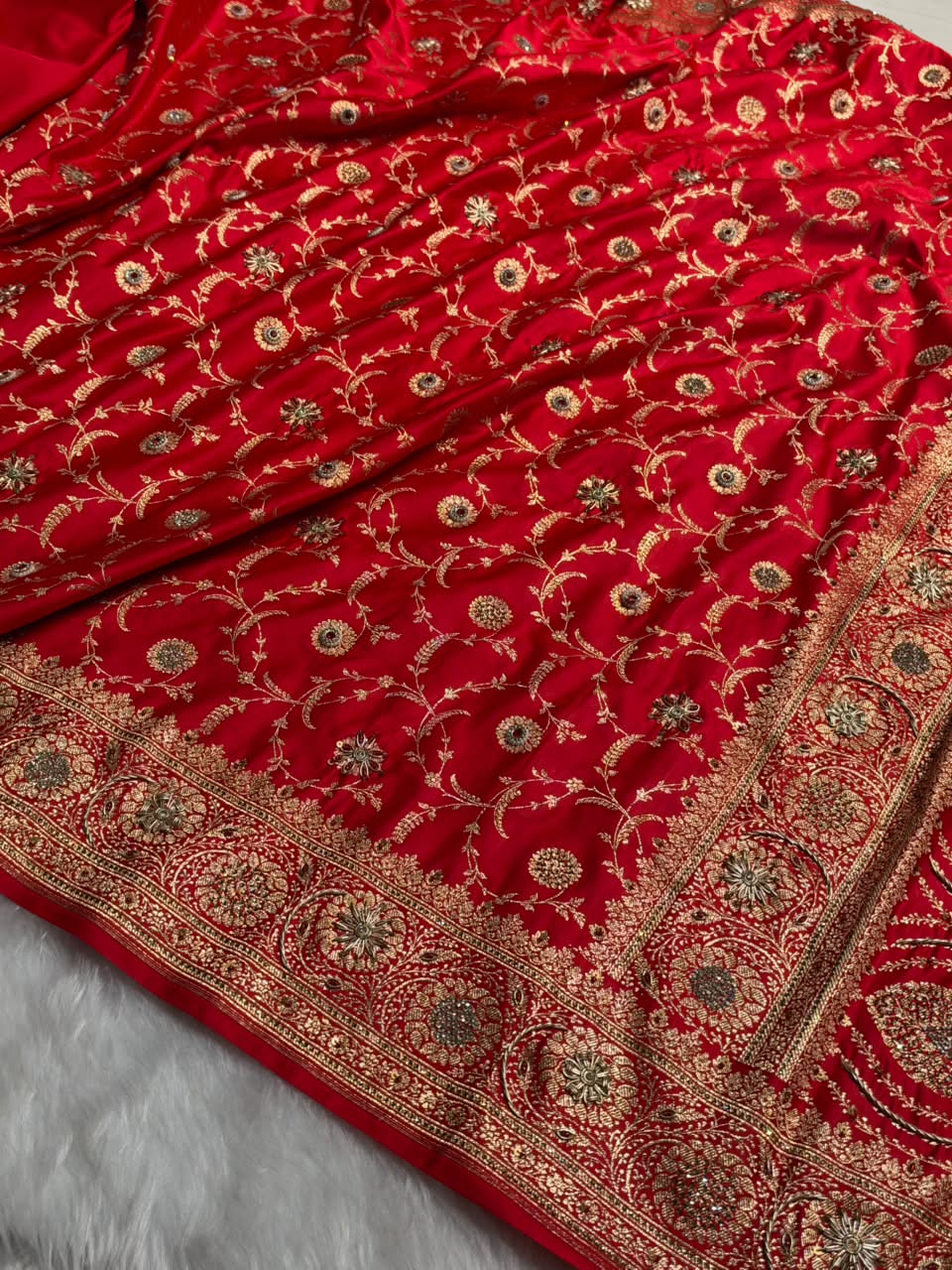 Banarasi Satin Katan Saree With Swarovski & Zardozi Work Jaal Pattern in Red Shades BSK159