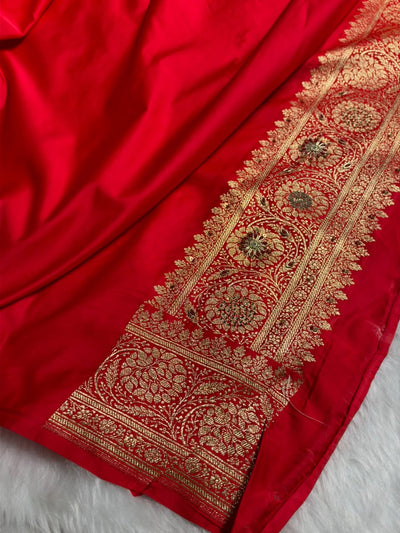Banarasi Satin Katan Saree With Swarovski & Zardozi Work Jaal Pattern in Red Shades BSK159