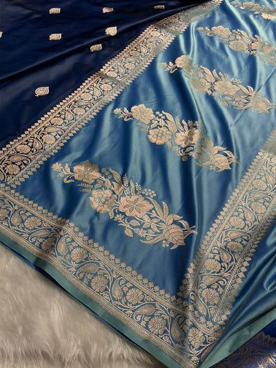 Contrast Navy Blue / Sky Blue Shade Banarasi Booti Pattern Mashru Silk Saree MSM-140